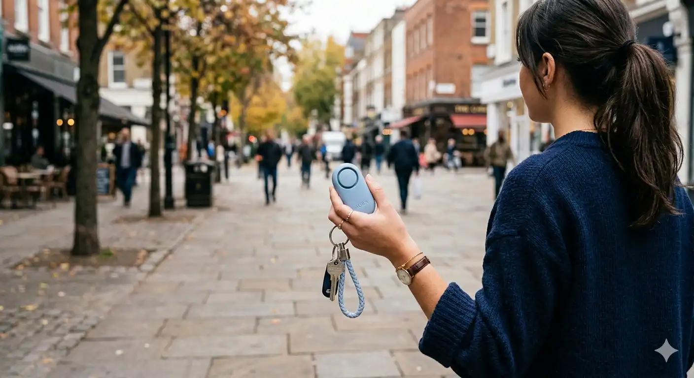 Buenas prácticas en seguridad personal Persona portando un kit de seguridad personal de forma responsable en un entorno urbano