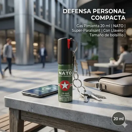 Llavero de gas pimienta NATO de 20 ml en un entorno moderno y elegante para defensa personal