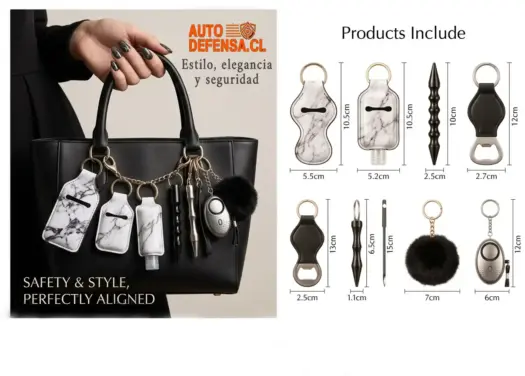 Kit de defensa personal con acabado en mármol negro que incluye alarma SOS, kubotan y destapador, presentado sobre una superficie blanca elegante.